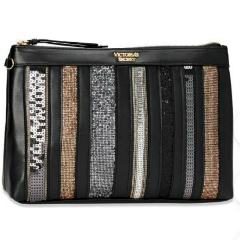Victoria's Secret Black and Silver Striped Glitter Cosmestic Bag Purse Good Cond